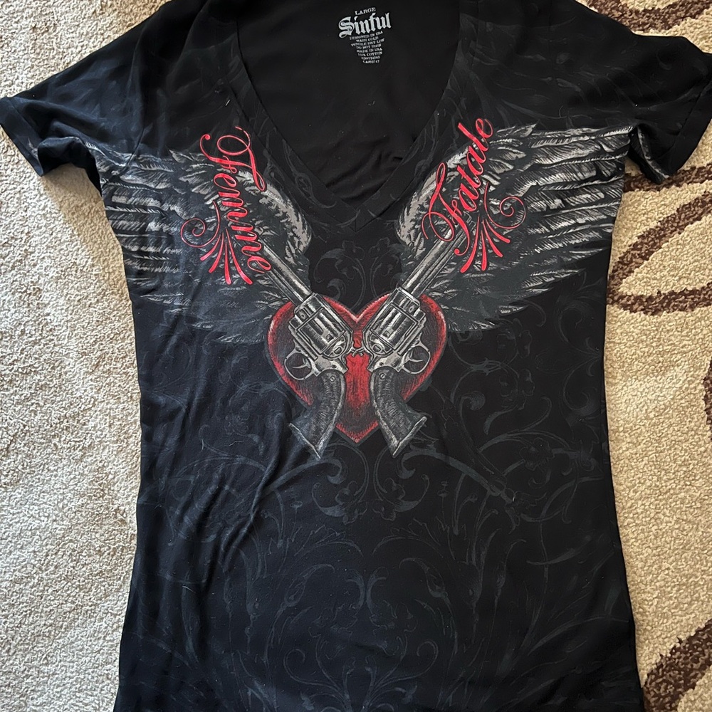 Sinful Black V-Neck Tee with Red Heart & Winged Gun Graphic
